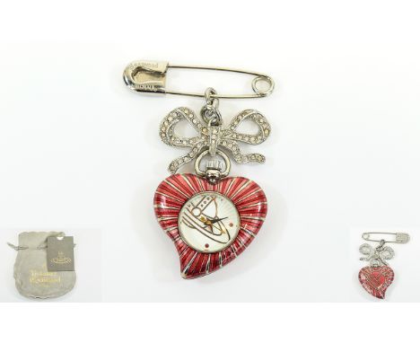 Vivienne Westwood Signed Luxurious Heart Shaped Enamel Brooch / Watch. Embellished with Crystals to Pin and Bow, Brushed with