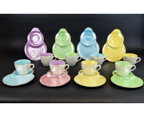 Maling - Stylish Lustre Set of Eight ( 8 ) Tennis Cups and Saucers, From The Art Deco Period - 1930's. 4 Different Colour way