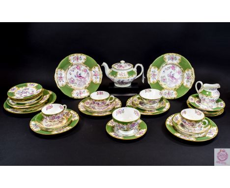 Mintons 'Green Cockatrice' Part Teaset, Includes teapot, dinner plates, saucers, cups and side plates etc (39) pieces approx