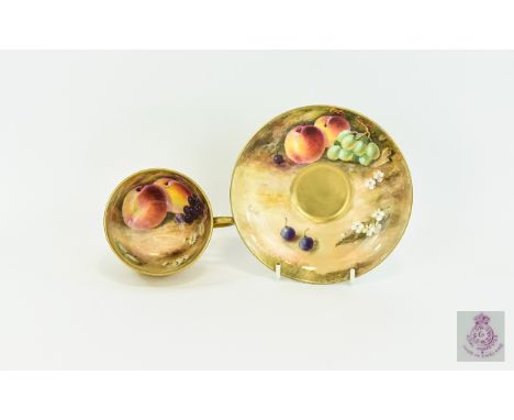 Royal Worcester Hand Painted and Signed Cup and Saucer ' Fallen Fruits ' Stillife. Signed Lockyer. Date 1922. Saucer 6 Inches