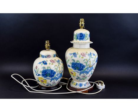 Masons Ironstone Two Large Lamp Bases. Regency Pattern, Raised on Octagonal Wooden Bases. Each Stands 18 & 13 Inches High. Bo