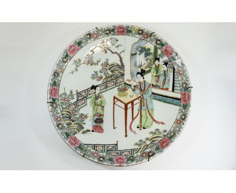 Japanese - Early 20th Century Circular Shaped Charger / Dish. Showing In Painted Enamel Ladies In a Domestic Setting, Floral 
