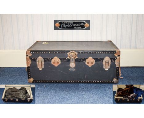 Early To Mid 20thC Mossman Steamer Trunk, Metal Strapwork And Fittings With Interior Tray, Containing A Small Amount Of Cloth