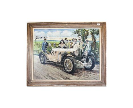 Motor Racing Interest Art Deco Large Oil On Canvas Depicting The 1931 Brescia 1000 Mile Road Race Showing Mercedes Benz Drive