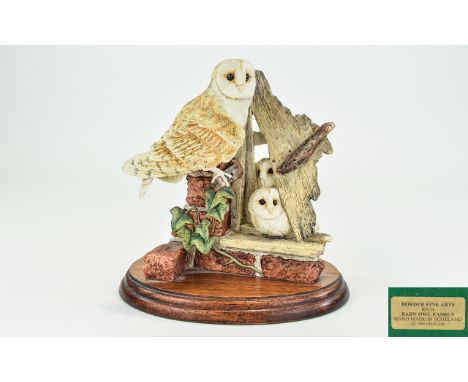 Border Fine Arts Hand Made and Signed Group Figure ' Barn Owl Family ' Model No RB34. Signed R. Ayres, Raised on a Wooden Pli