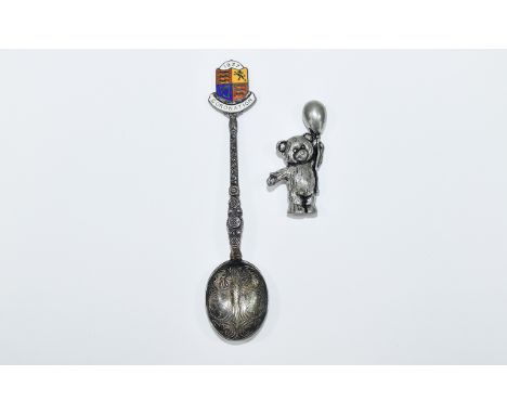 A Vintage Silver Miniature Figure of a Teddy Bear Holding a Balloon. Height 2 Inches + a Silver and Enamel Coronation Spoon, 