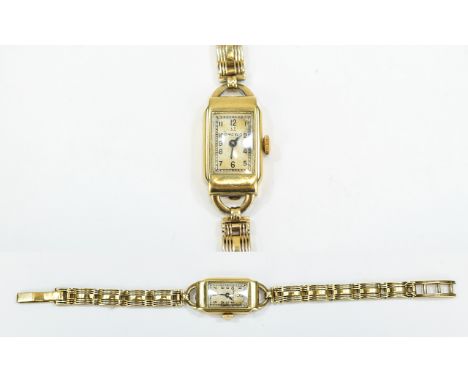 Ladies 9ct Gold Omega Wristwatch Rectangular Case, Silvered Dial Arabic Numerals, Manual Wind, Case Numbered 9162938, Later 9