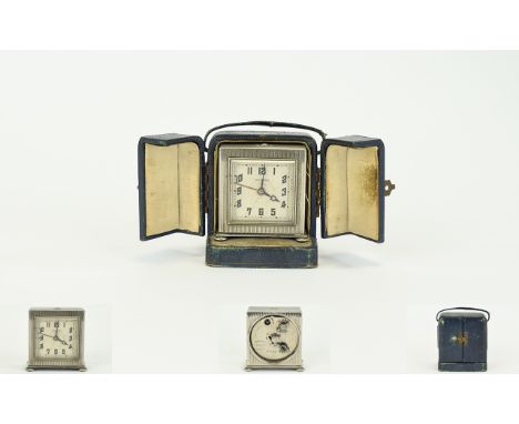 Zenith Art Deco Square Shaped Silver Plated Travel Alarm Clock. With Period Case. c.1930's - Please See Photo. Clock Size 2 x