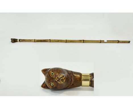 Antique Cats Head Topped Walking Stick / Cane. The Carved Cats Head In Bone with Glass Eyes Fitted to Top of Bamboo Cane / St