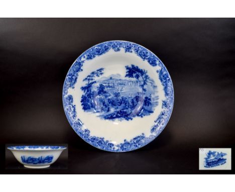 Large Doulton Washbowl Blue and white ceramic bowl with 'switzerland' transfer print. Marked to base 'Doulton Burslem England