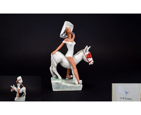 W. Goebel Novelty Hand Painted Ceramic Figure. c.1950's ' Lady Atop a Donkey ' with Red Blinkers. GF122. 9 Inches High. Excel