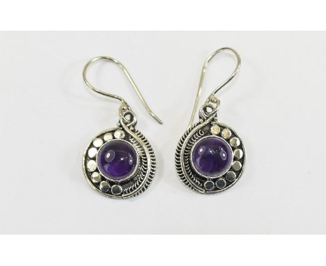 Hand Made Amethyst Drop Earrings, entirely hand crafted in silver, set with 5.25cts of round cut, deep purple amethyst caboch