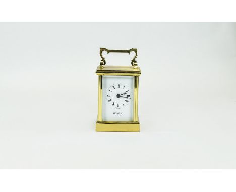 Modern - English Brass Cased Carriage Clock, Battery Driven, Features White Porcelain Dial, Marked to Dial, Woodford. 5 Inche