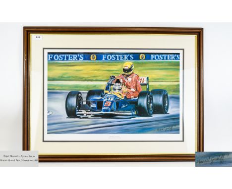 Michael Goodliff Artist Pencil Signed Ltd and Numbered Edition Colour Print. Titled ' Nigel Mansell ' Ayrton Senna, British G