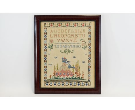 Victorian - Nice Quality Framed Sampler, Features Alphabet and Lady Watering Her Garden within a Ornate Border. Mounted and F