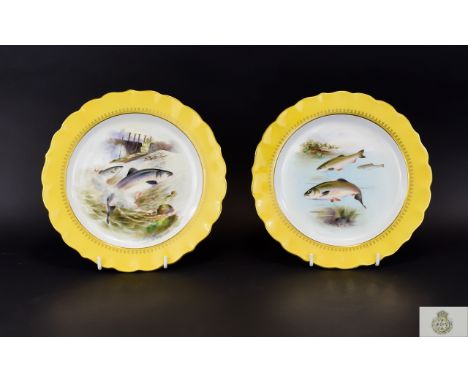 Royal Worcester Hand Painted Pair of Cabinet Plates, signed T.Harris, each showing a variety of fish in a natural setting, on