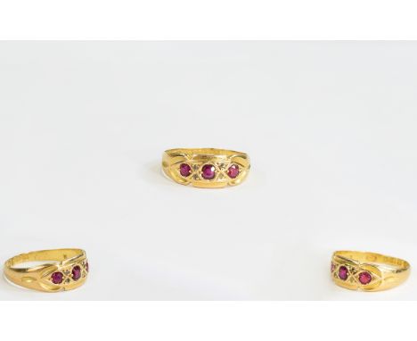 Ladies - Victorian 18ct Gold Set 3 Stone Ruby Ring. Fully Hallmarked for Chester 1901. Small Size. Excellent Condition. 