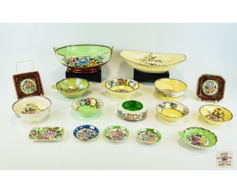 A large Collection Of Maling Lustreware In Peony Rose And Rosalind Patterns. Seventeen items in total to include large oval s