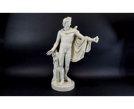 19th Century - Fine Parian Figure of a Classical Greek Male In a Standing Position by a Tree Stump with Coiled Snake Wearing 