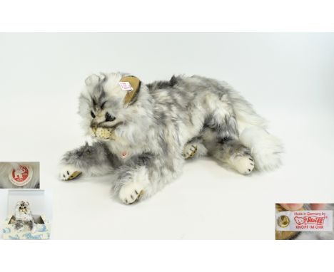 Steiff - Vintage Ltd and Numbered Edition Lizzy Maine Coon Cat - Tabby White, Made From Soft Woven Fur and Painted with Tabby