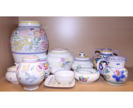 A Poole Pottery two-handle floral decorated vase, three similar vases and other Poole, tallest 10" high