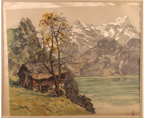 A colour print on silk, landscape with mountains and lake, a signed screen print, harbour scene, and three other landscape pr