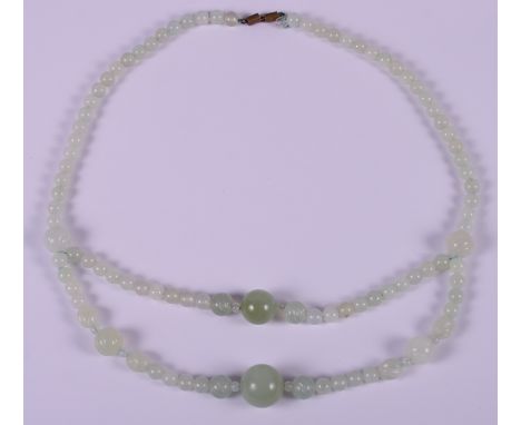 A mid 20th Chinese two-strand jade spherical bead necklace, 20" long