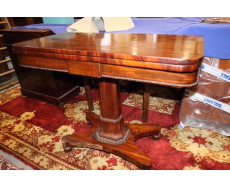 An early Victorian mahogany fold-over top card table, on faceted column and quadraform base, 36" wide