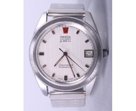 A stainless steel Omega Seamaster chronometer wristwatch with electronic F300 Hz movement, brushed metal dial, baton numerals
