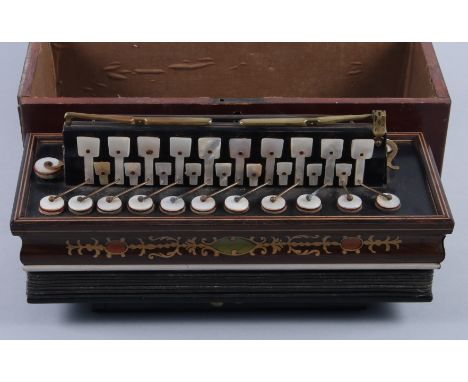 A rosewood and inlaid flutina accordion with mother-of-pearl keys, in mahogany box