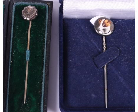 Two Victorian silver stick pins, one enamelled with a terrier