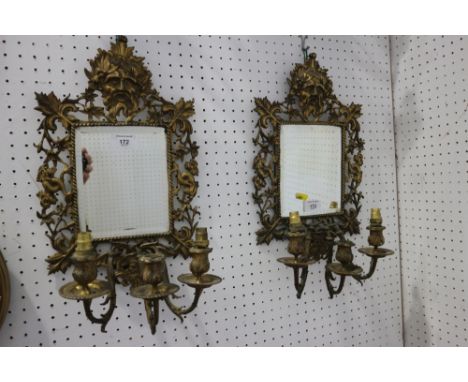 A pair of 19th century brass three-light girondoles with square plates, 17" high