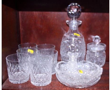 A Waterford cut crystal decanter and stopper, a set of six cut glass whisky tumblers and various other glass, etc