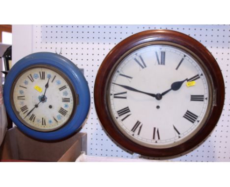 A mahogany cased circular wall clock with fusee movement and white enamel dial and a smaller circular wall clock, in blue pai