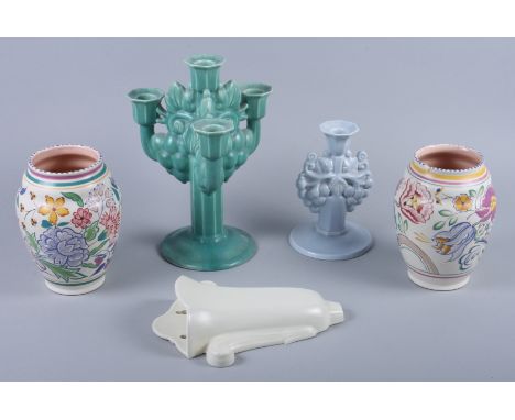 A Poole Sylvan Ware green glazed four-light candelabrum, designed by Truda Carter, 10 1/2" high (damages), a similar smaller 