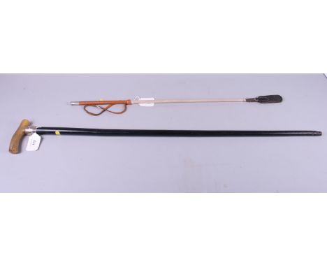 A horn handle silver mounted walking stick together with a white metal mounted leather riding crop