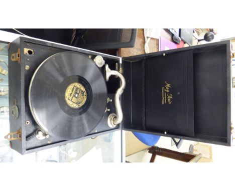A Mat Fair Standard model portable gramophone, in a black covered fabric case with iron re-enforced corners       CA