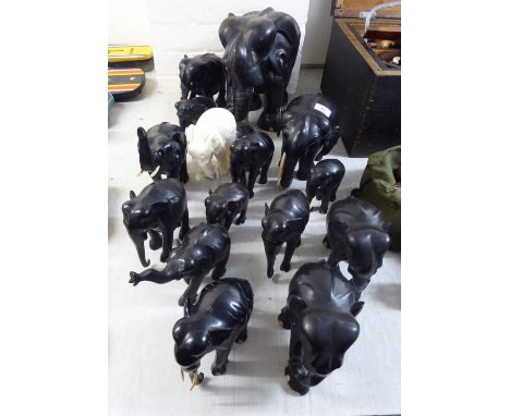 Variously aged ebony, bone and other hand carved model elephants  various sizes         BSR