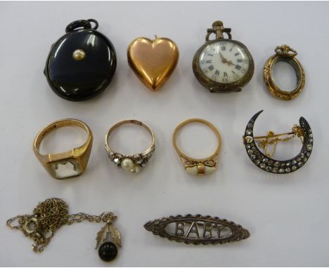 Gold, yellow metal and other items of personal ornament: to include a 9ct gold signet ring, set with a bevelled quartz      1