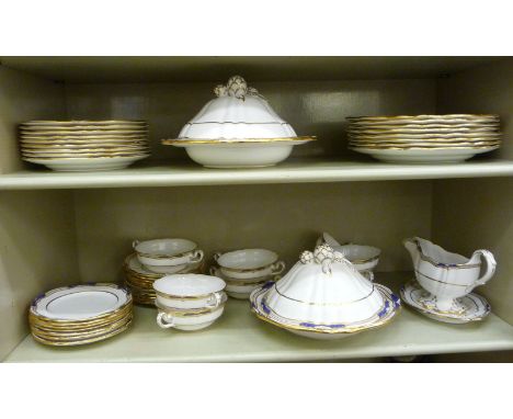 Spode bone china tableware, decorated in blue and gilt       OS2