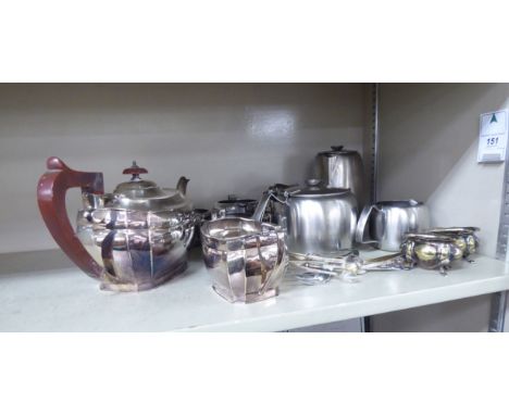 Silver plated tableware: to include a three piece tea set  comprising a teapot, twin handled sugar basin and a milk jug; and 