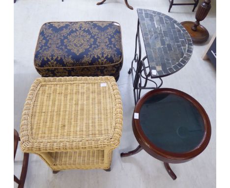 Small modern furniture, viz. a mosaic stone topped, wrought iron framed console table  27''h  24''w; a bleached woven cane, t