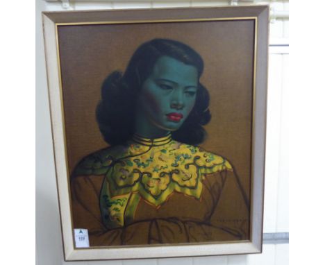 Tretchikoff - 'The Chinese Girl' a head and shoulders portrait, a young Asian woman  coloured print  bears labels verso  23''