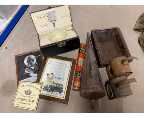 A quantity of mixed collectables including a campaign washing basin, fire extinguishers, road lamps etc.