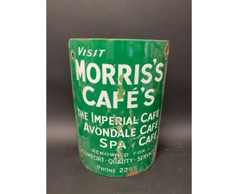 A curved post mounted enamel sign advertising Morris's Cafe's, 8 1/4 x 12".