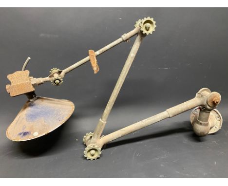 An Industrial workshop angle poise cog lamp with blue enamel shade.