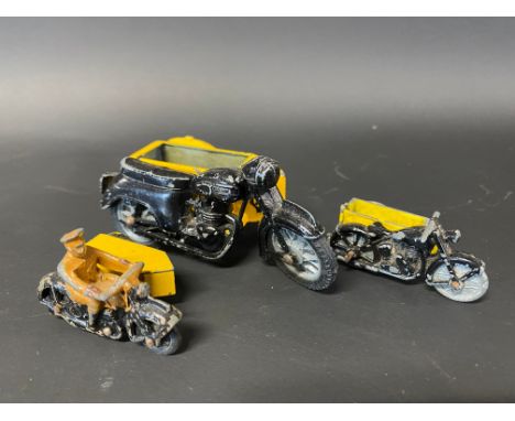 A Zebra Toys die-cast model of an AA motorcycle combination, plus two smaller, one by Dinky Toys.