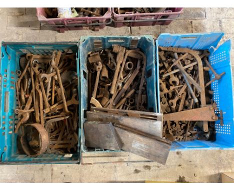 Three boxes of assorted workshop tools and spanners.