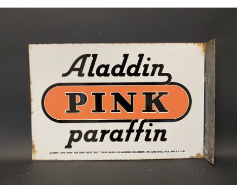 An Aladdin Pink Paraffin double sided enamel sign with hanging flange, excellent condition, 21 x 14".