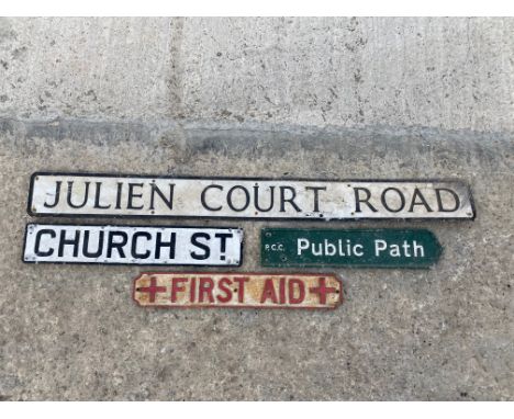 Two road signs, Church St. and Julian Court Road, plus a single sided Public Path directional arrow sign and a cast iron Firs